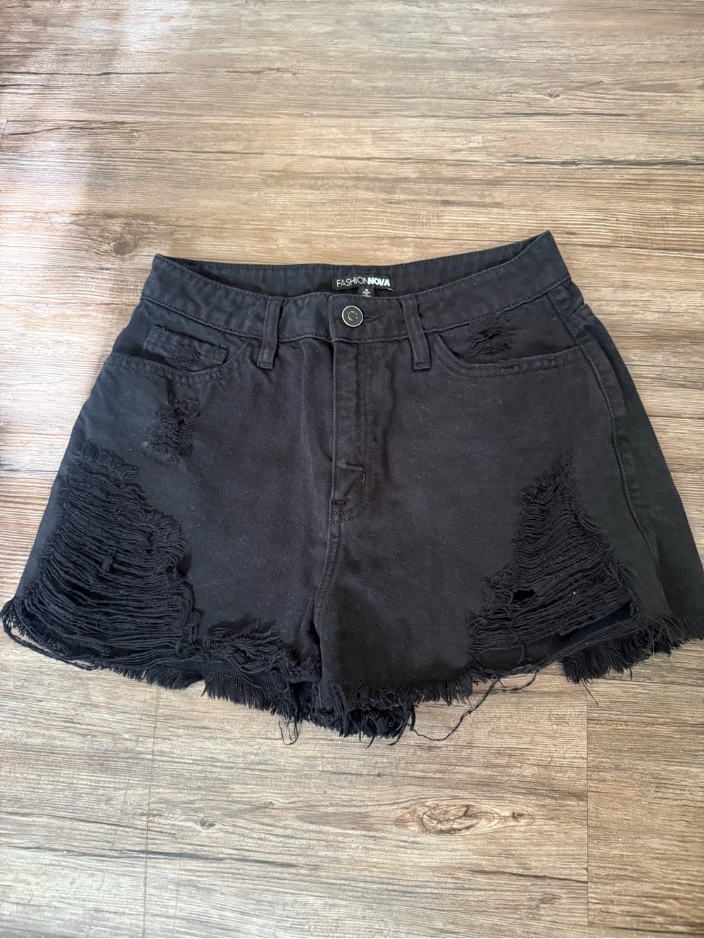 Fashion Nova Black Frayed Distressed High-Waist Denim Shorts